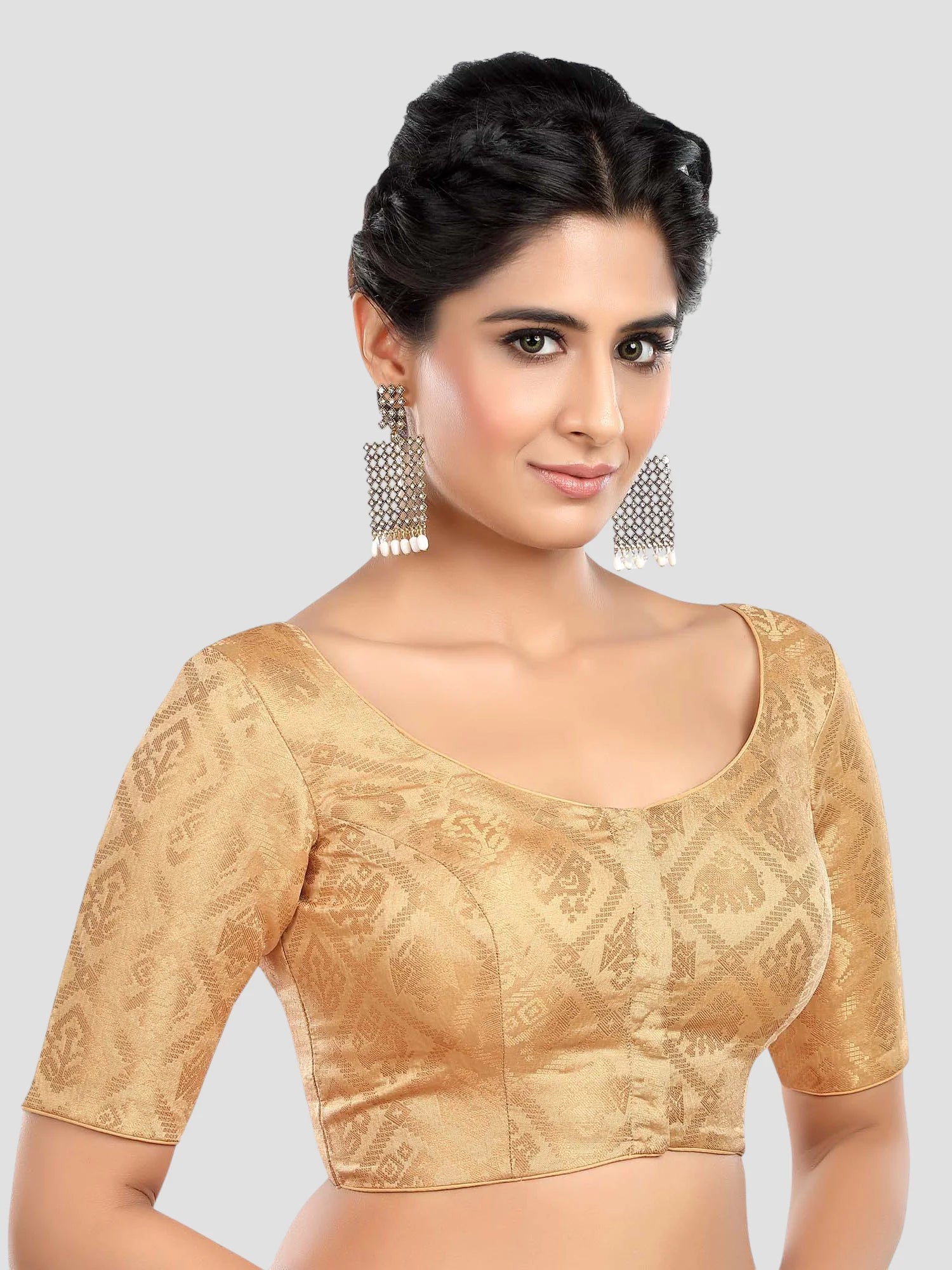 Gold Brocade Round Neck Half Sleeves Readymade Saree Blouse