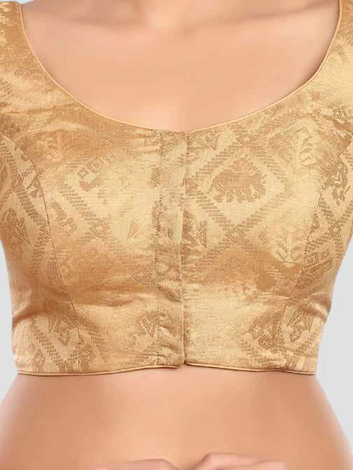 Gold Brocade Round Neck Half Sleeves Readymade Saree Blouse
