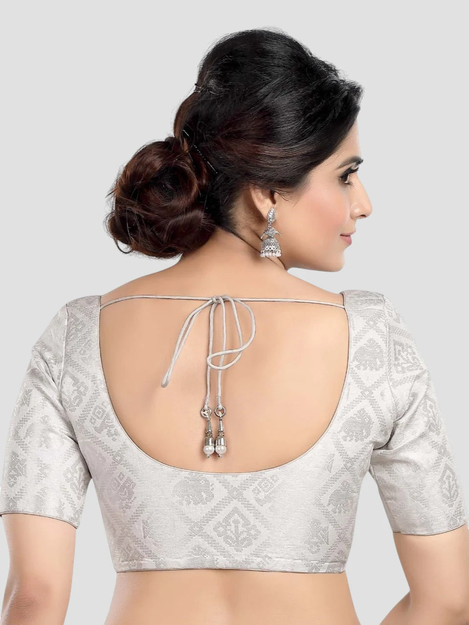 Silver Brocade Round Neck Half Sleeves Readymade Saree Blouse