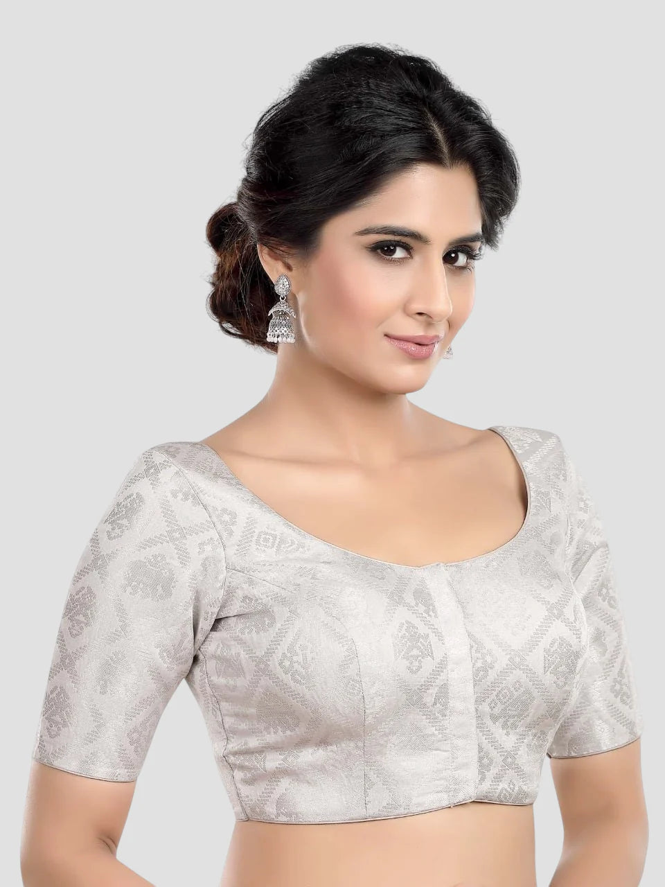 Silver Brocade Round Neck Half Sleeves Readymade Saree Blouse