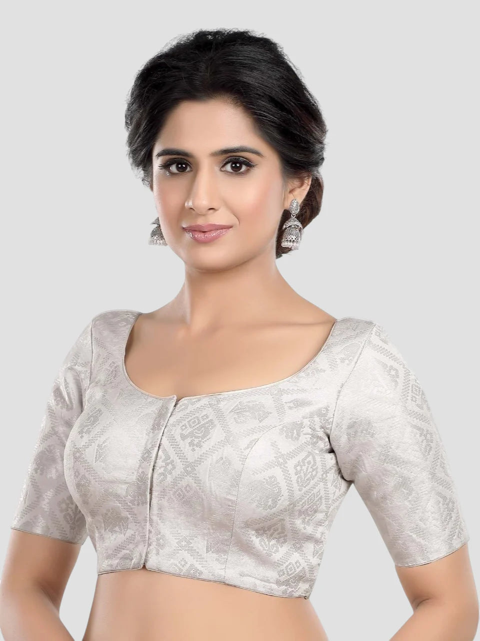 Silver Brocade Round Neck Half Sleeves Readymade Saree Blouse