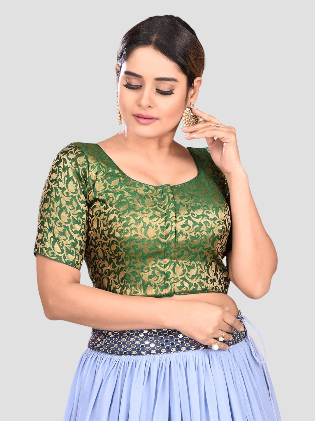 Green Brocade Round Neck Half Sleeves Back Tie-Up Design Readymade Blouse