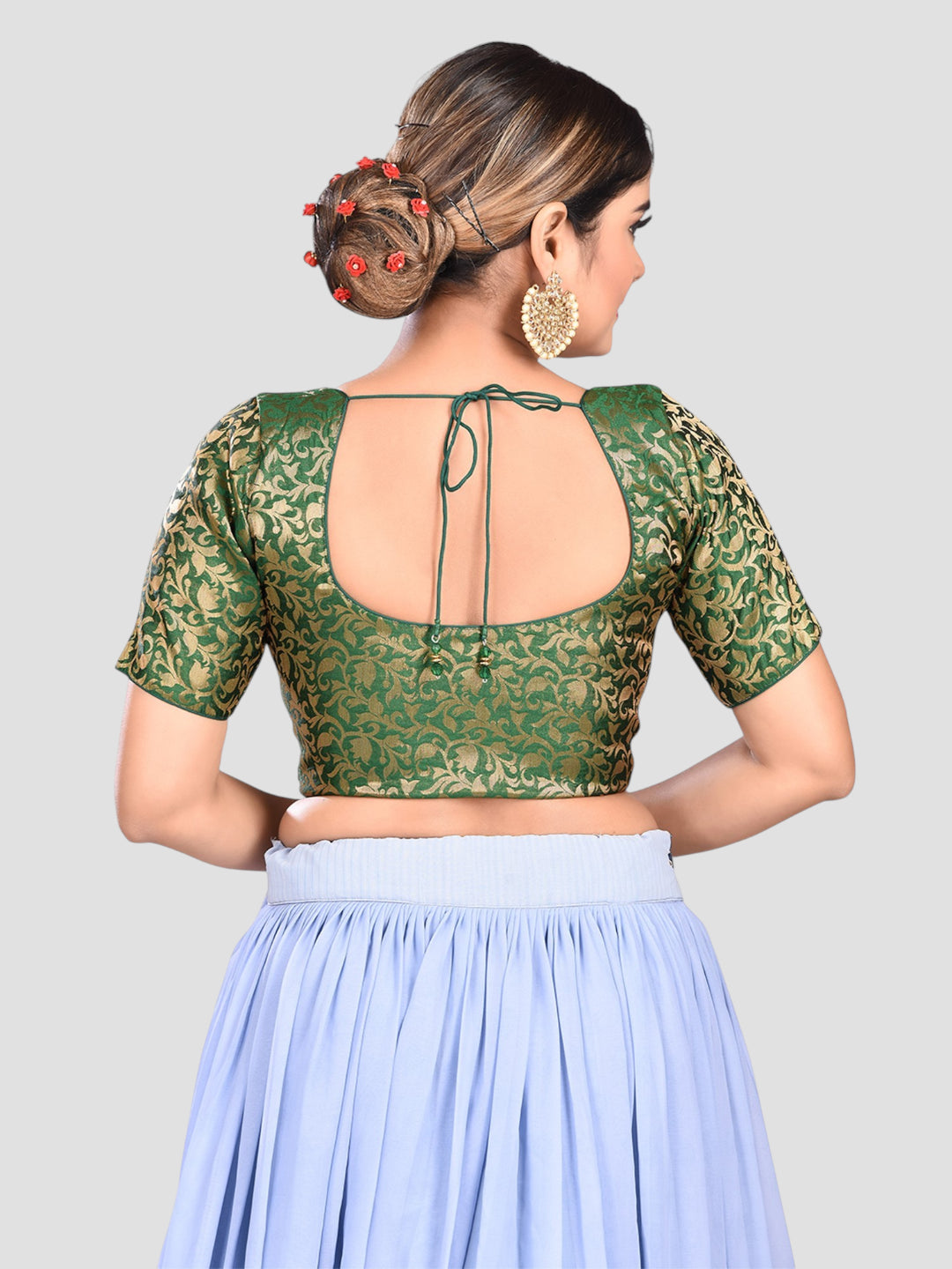 Green Brocade Round Neck Half Sleeves Back Tie-Up Design Readymade Blouse