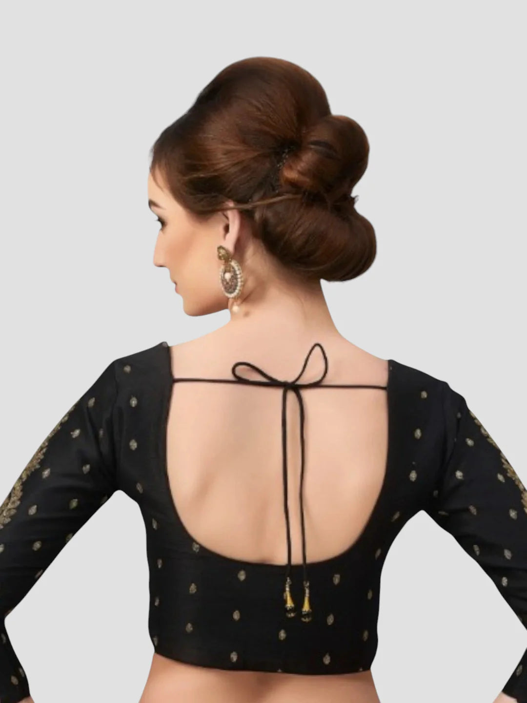 Black Brocade Round Neck 3/4 Sleeves Readymade Blouse