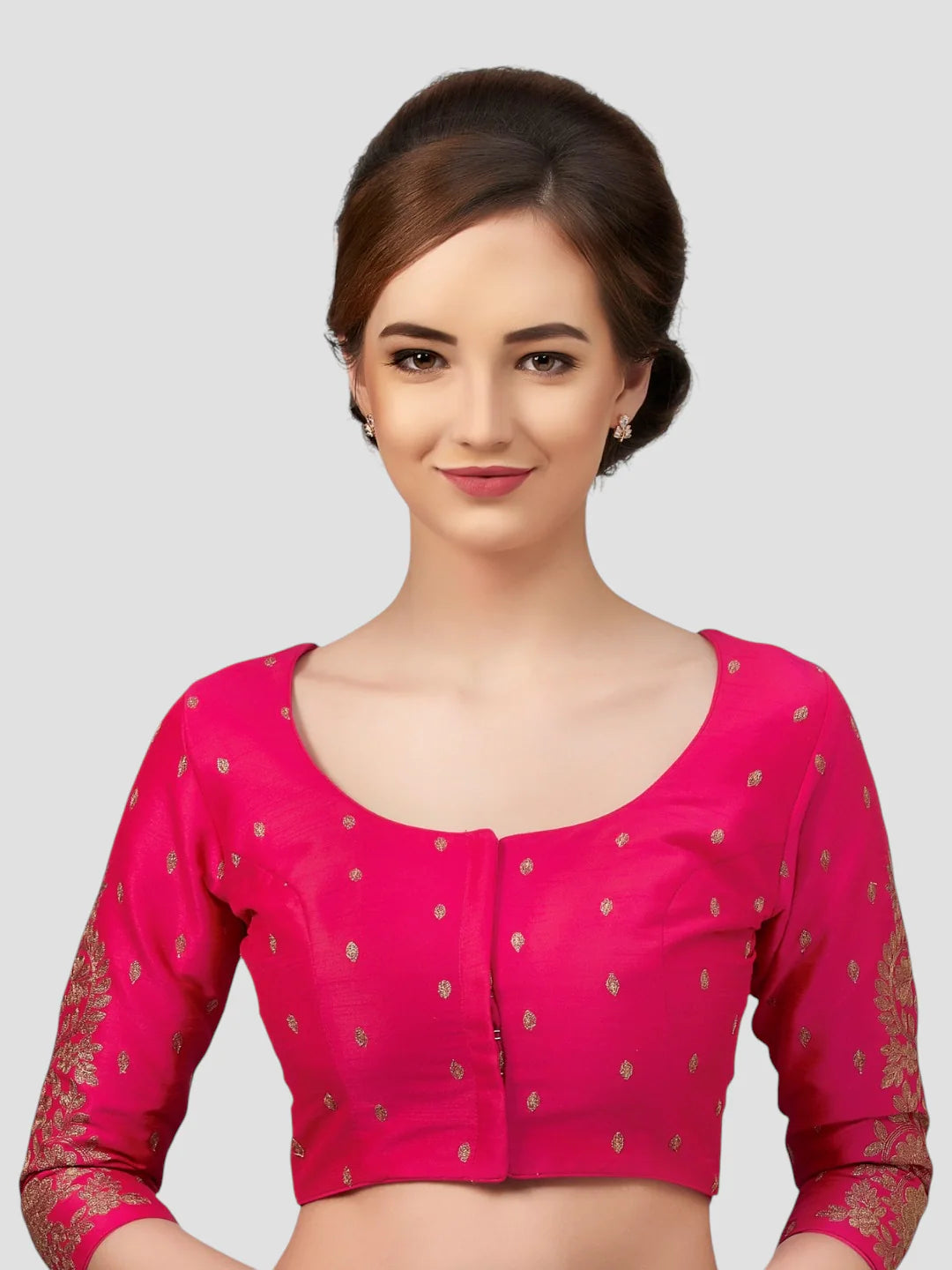 Pink Brocade Round Neck 3/4 Sleeves Readymade Blouse
