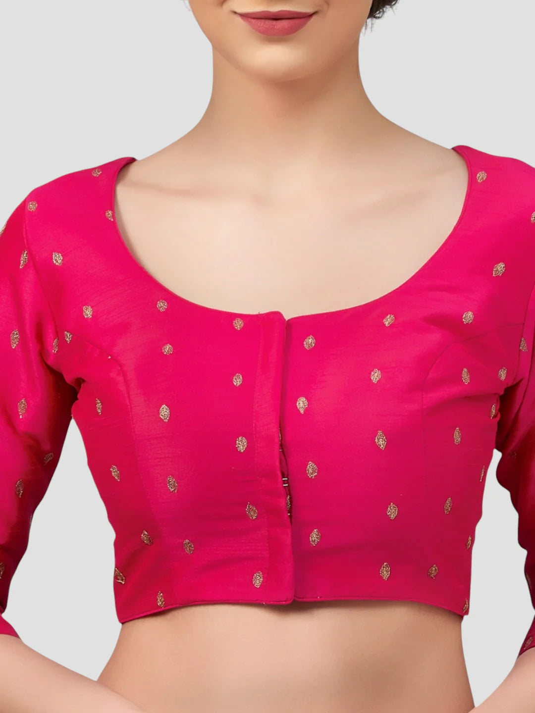 Pink Brocade Round Neck 3/4 Sleeves Readymade Blouse