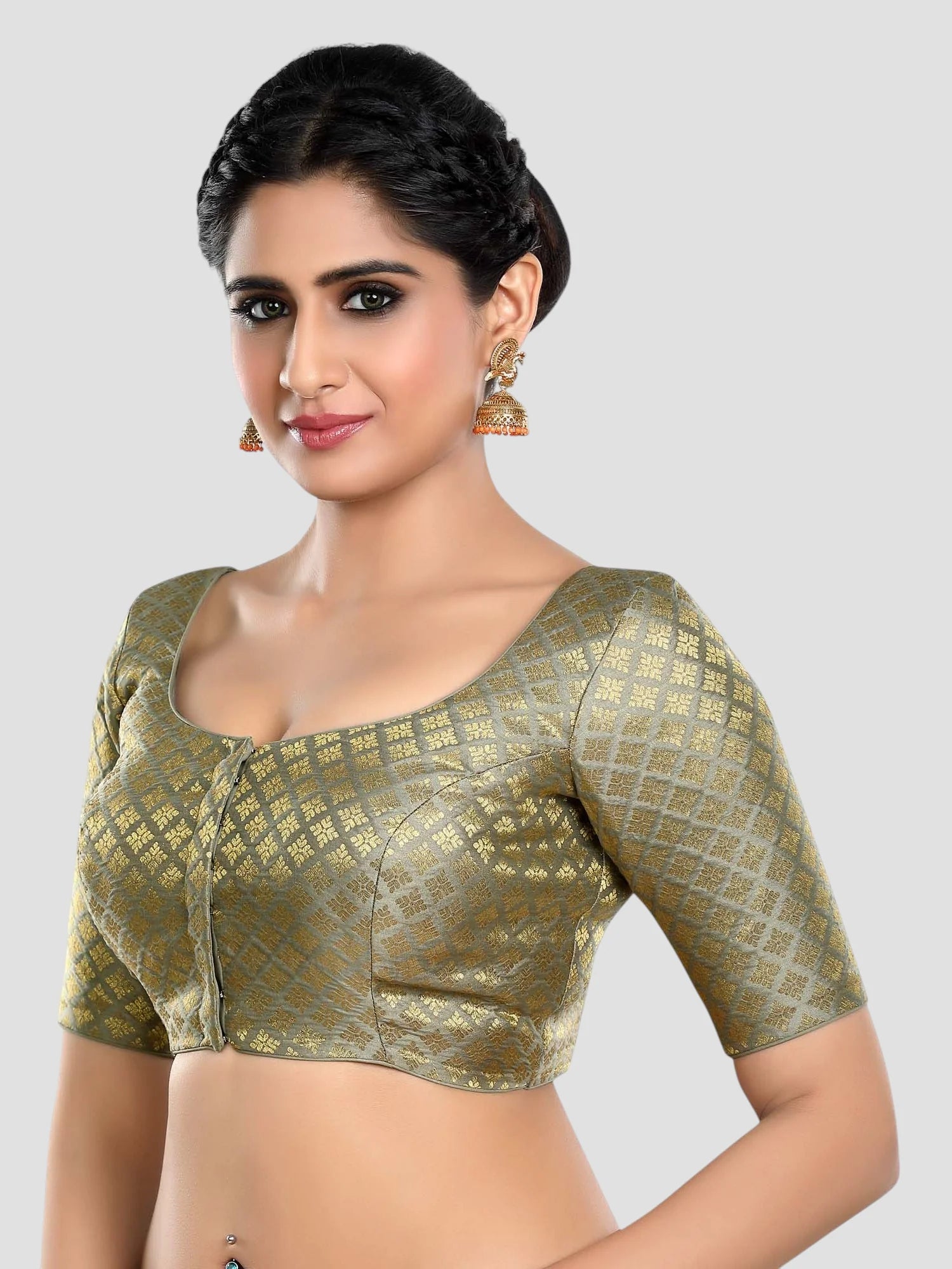 Grey Brocade Round Neck Half Sleeves Readymade Blouse