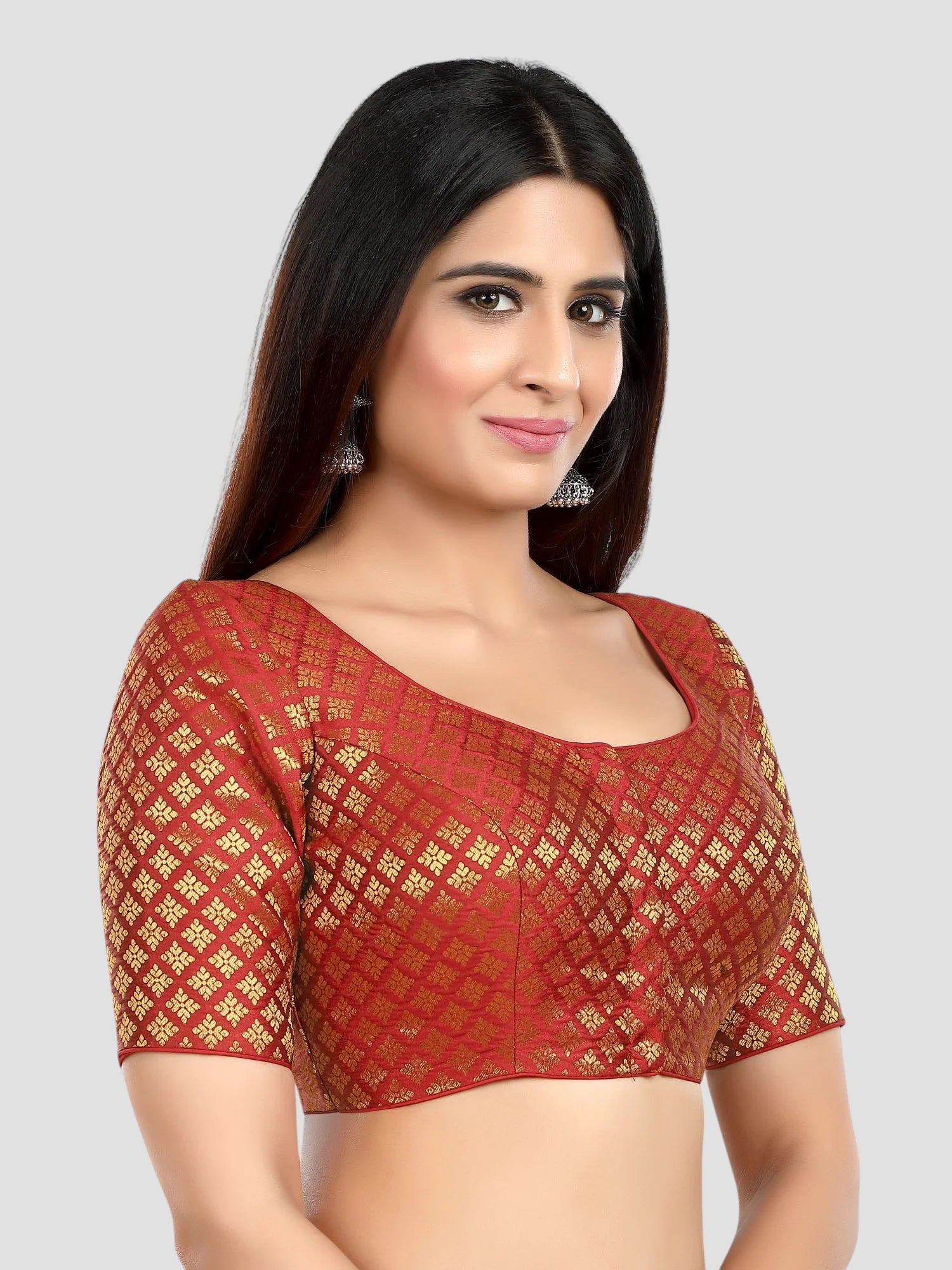 Maroon Brocade Round Neck Half Sleeves Readymade Blouse