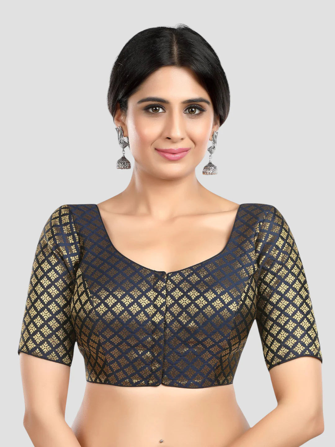Navy Blue Brocade Round Neck Half Sleeves Readymade Blouse