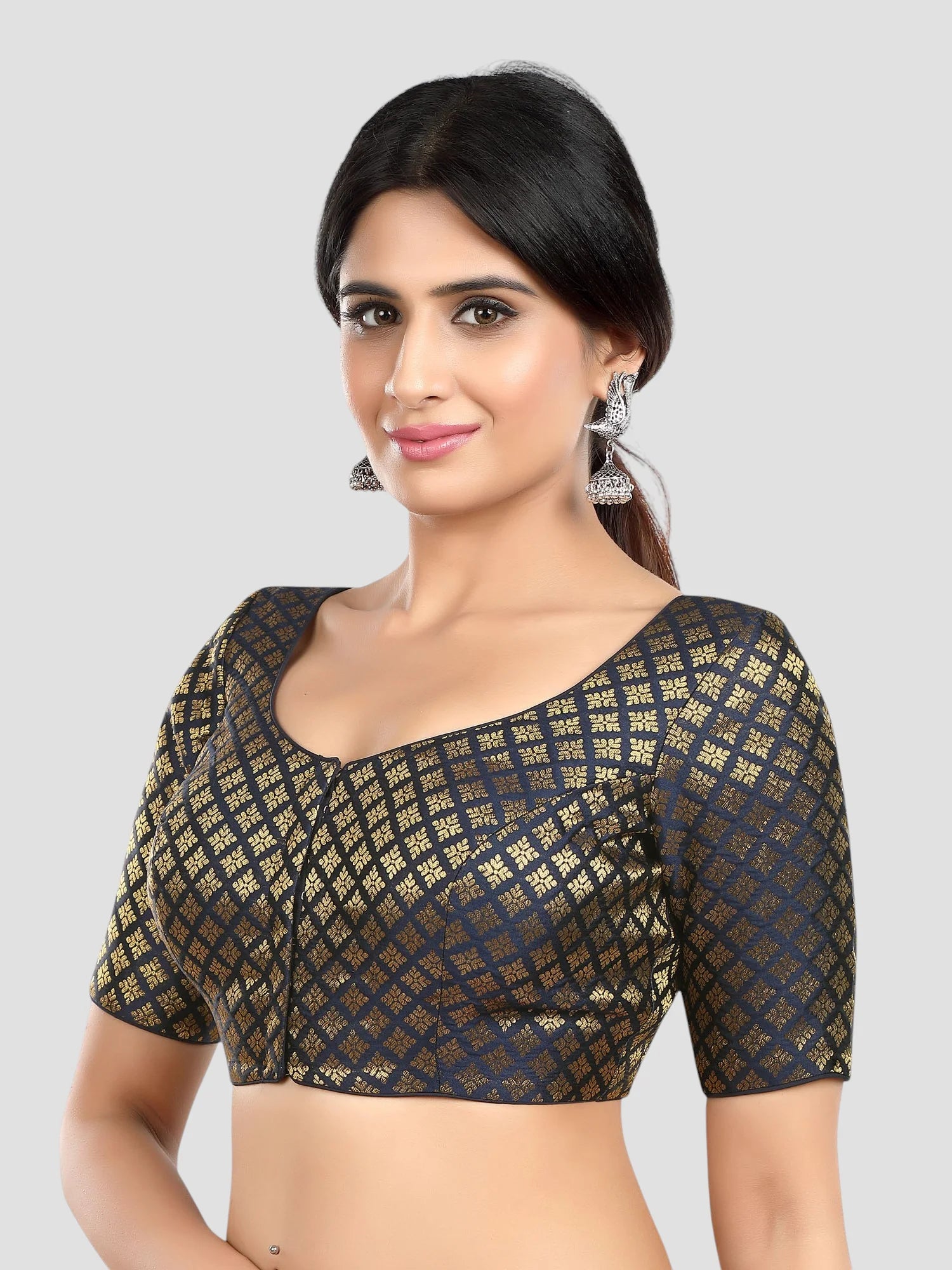 Navy Blue Brocade Round Neck Half Sleeves Readymade Blouse