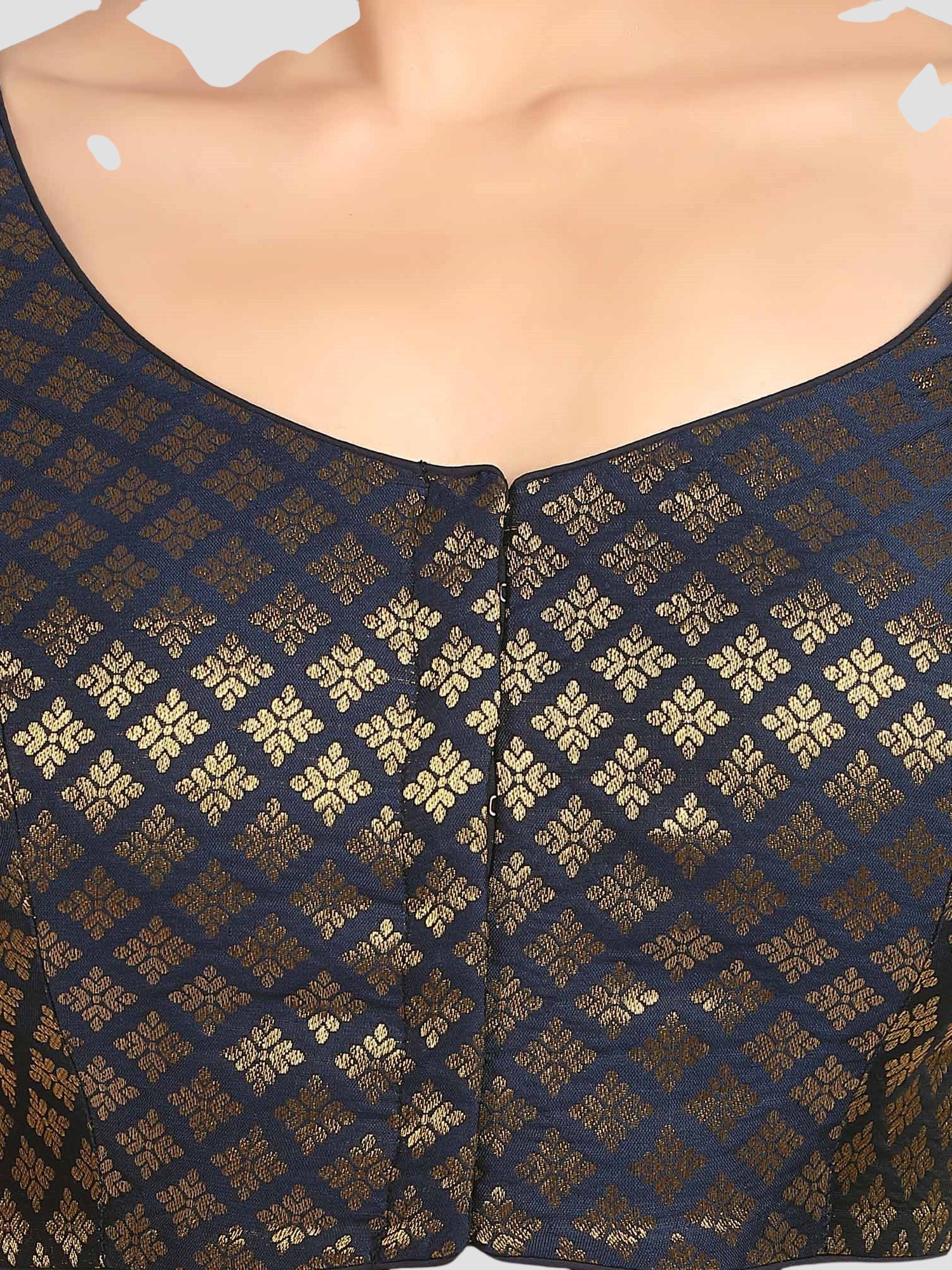 Navy Blue Brocade Round Neck Half Sleeves Readymade Blouse