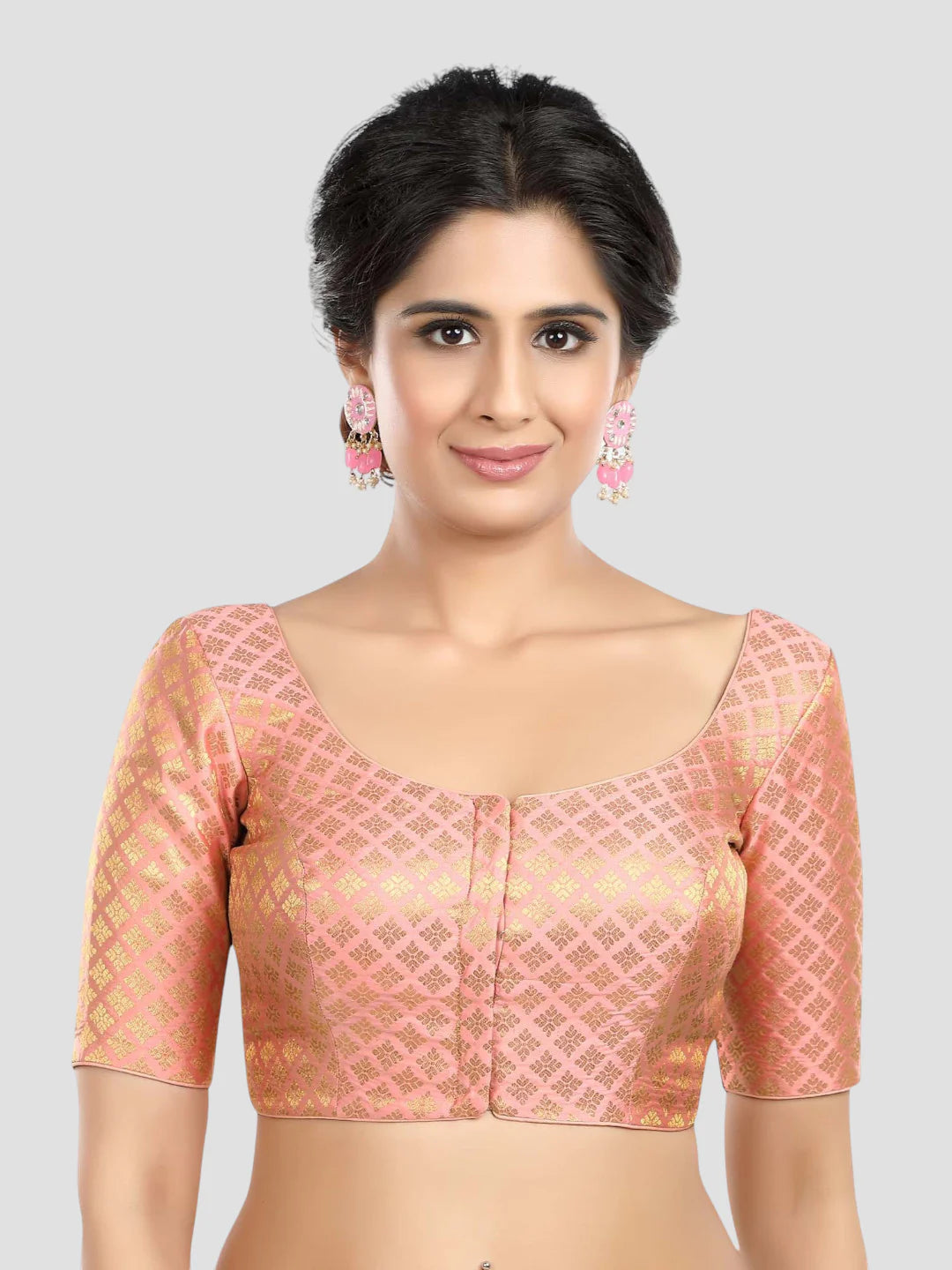 Peach Brocade Round Neck Half Sleeves Readymade Blouse