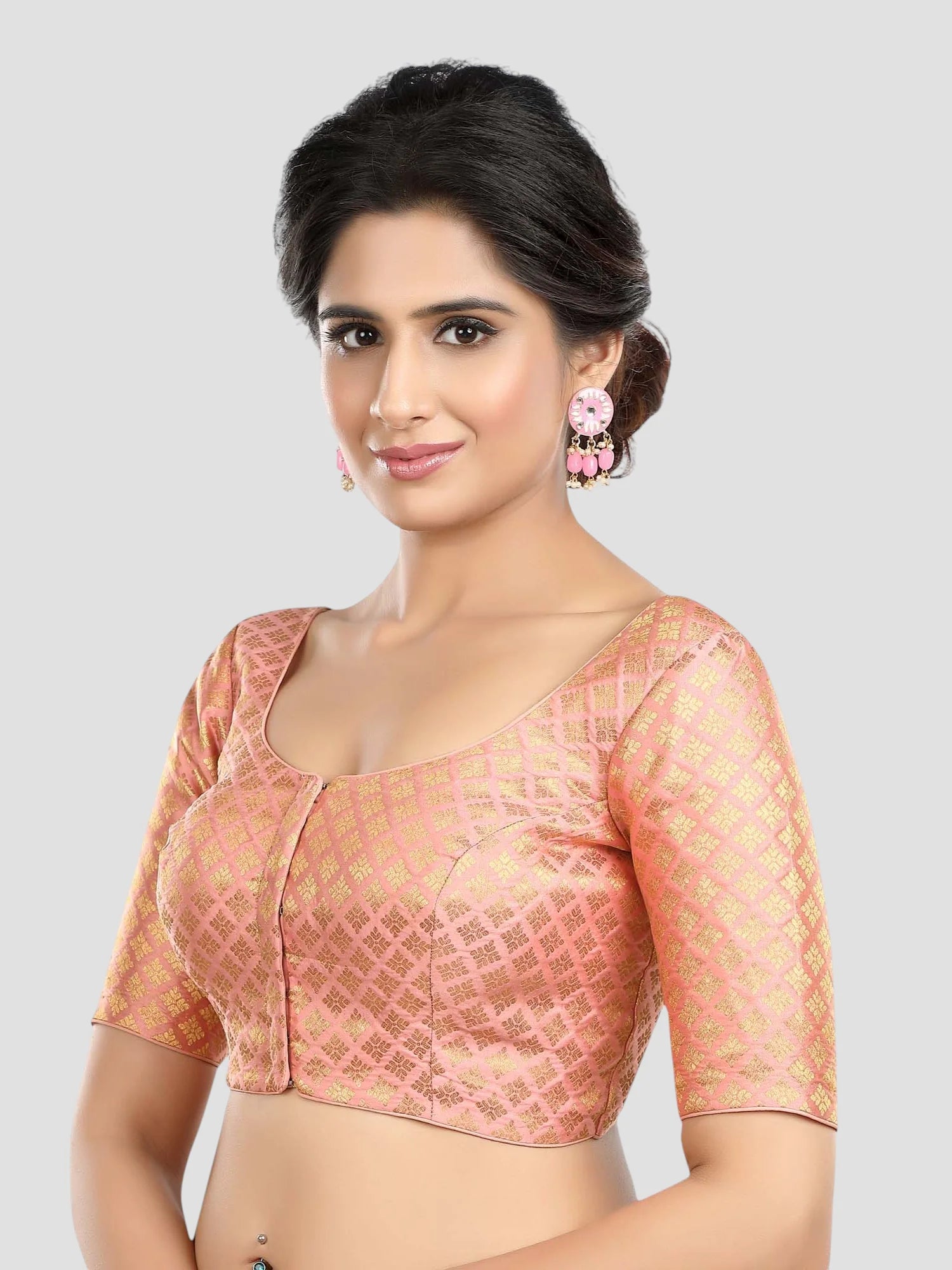 Peach Brocade Round Neck Half Sleeves Readymade Blouse