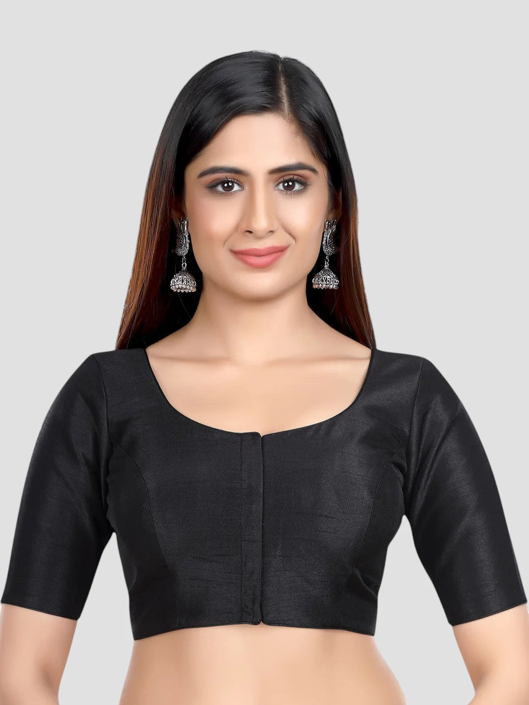 Black Silk Round Neck Half Sleeves Readymade Blouse