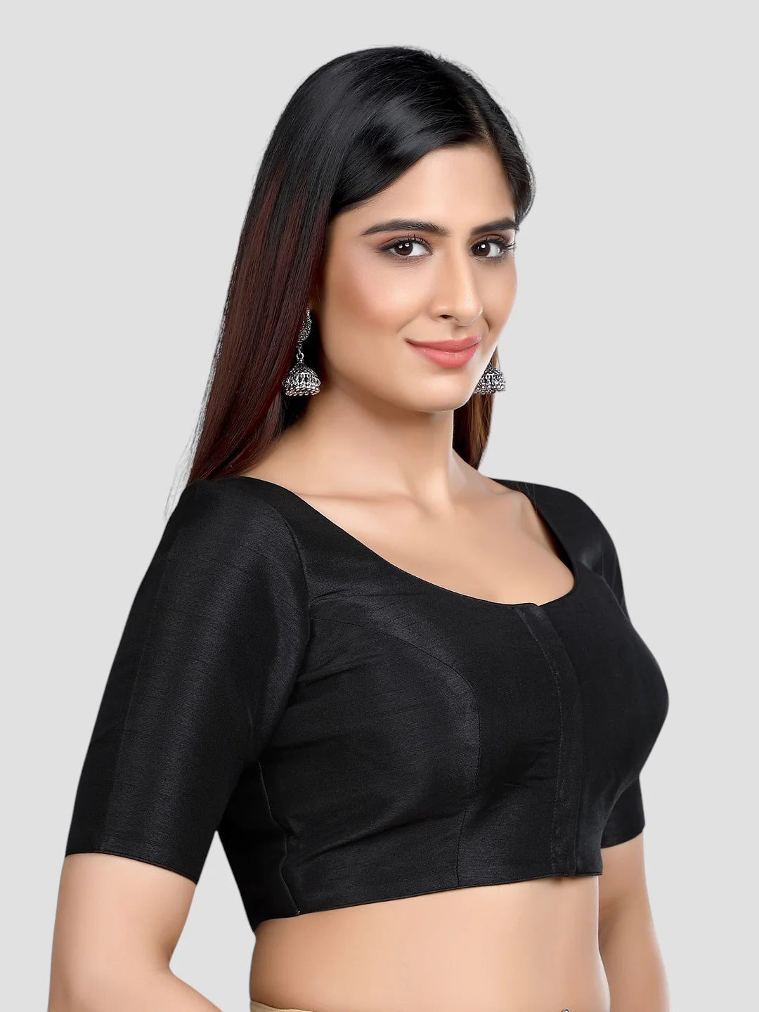 Black Silk Round Neck Half Sleeves Readymade Blouse