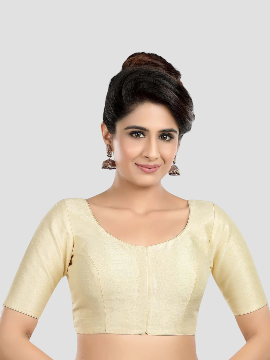 Cream Solid Silk Round Neck Half Sleeves Readymade Blouse