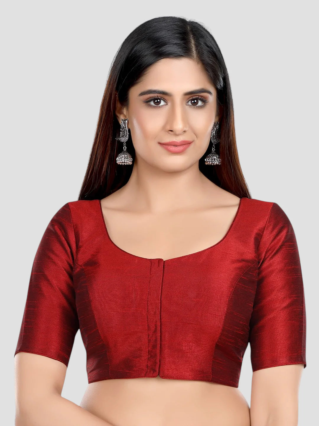 Maroon Silk Round Neck Half Sleeves Readymade Blouse
