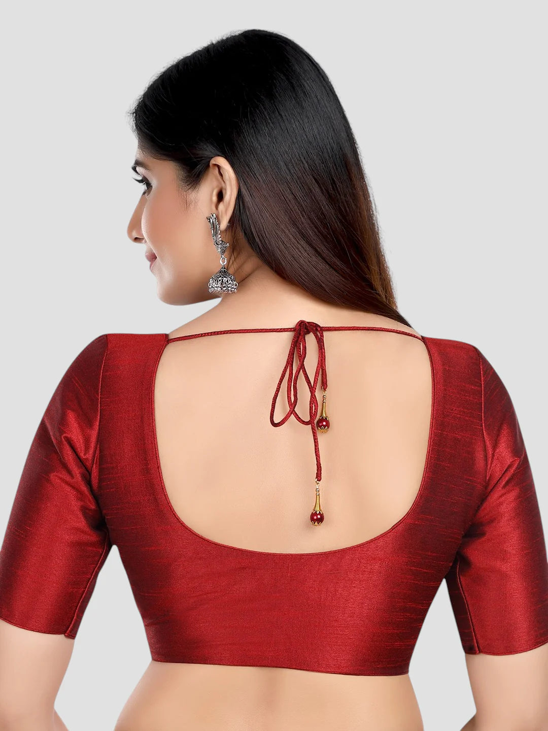 Maroon Silk Round Neck Half Sleeves Readymade Blouse