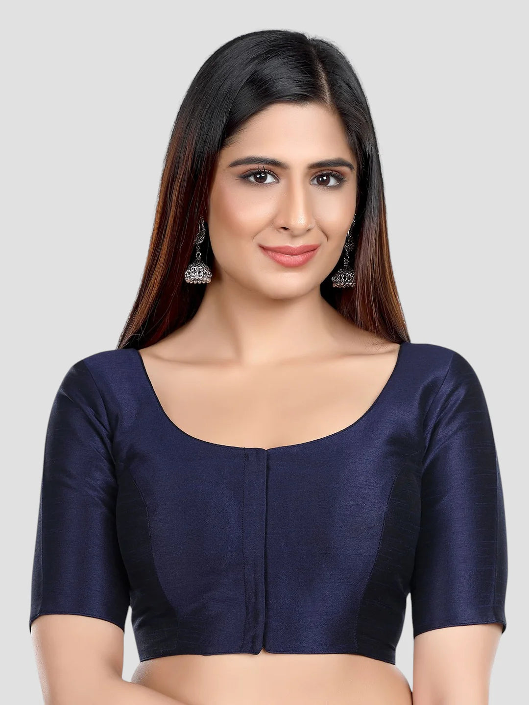 Navy Blue Silk Round Neck Half Sleeves Readymade Blouse