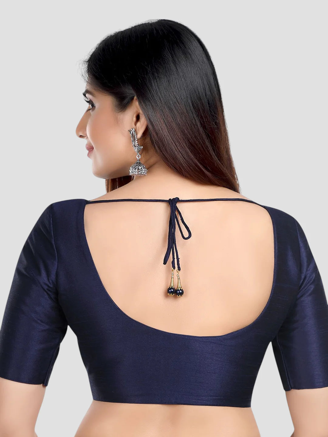 Navy Blue Silk Round Neck Half Sleeves Readymade Blouse