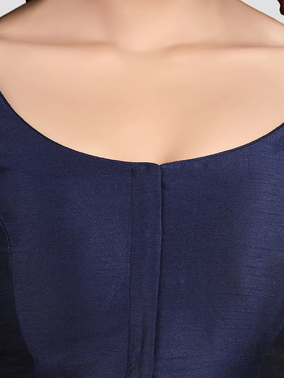 Navy Blue Silk Round Neck Half Sleeves Readymade Blouse