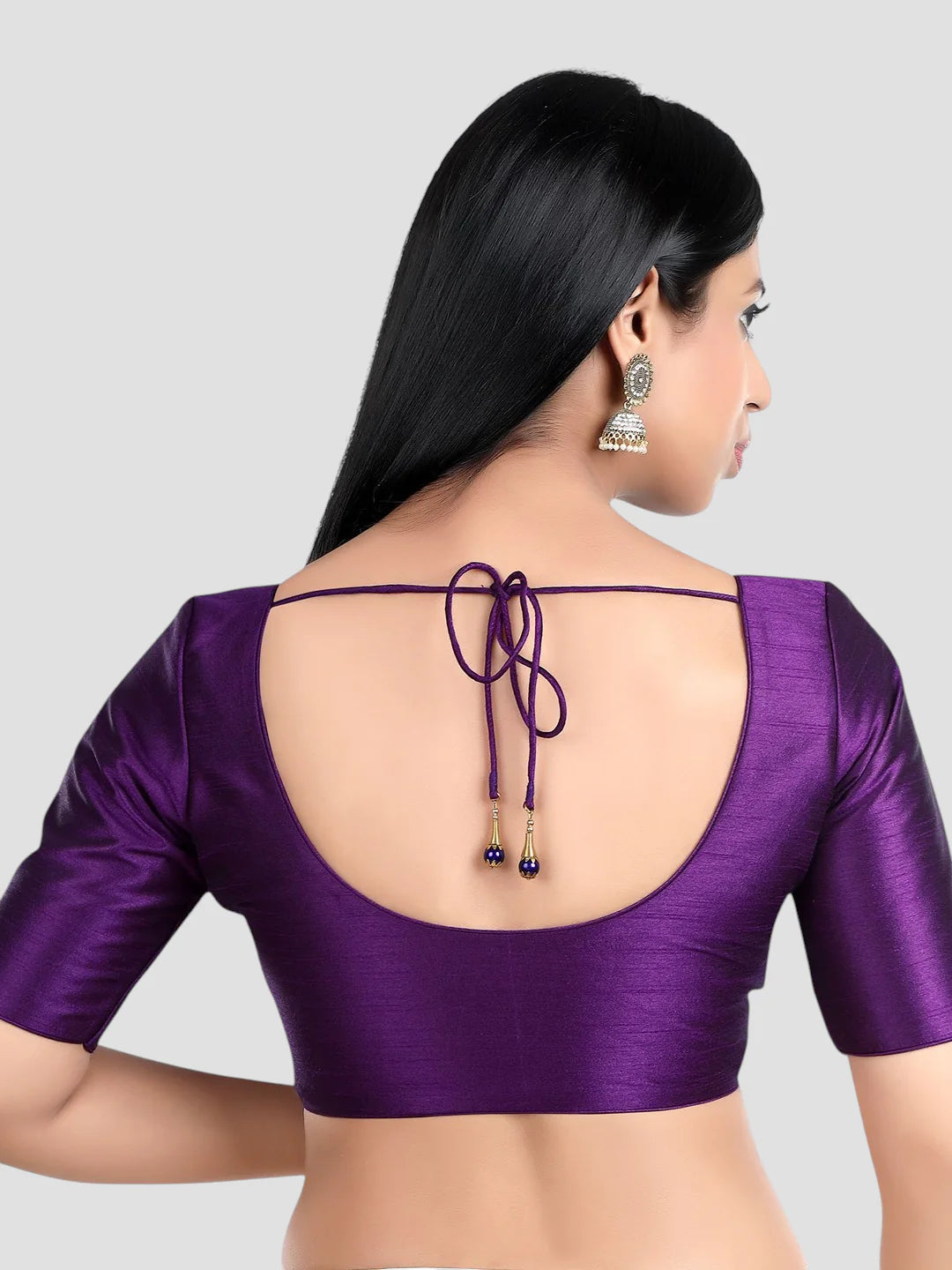 Purple Silk Round Neck Half Sleeves Readymade Blouse