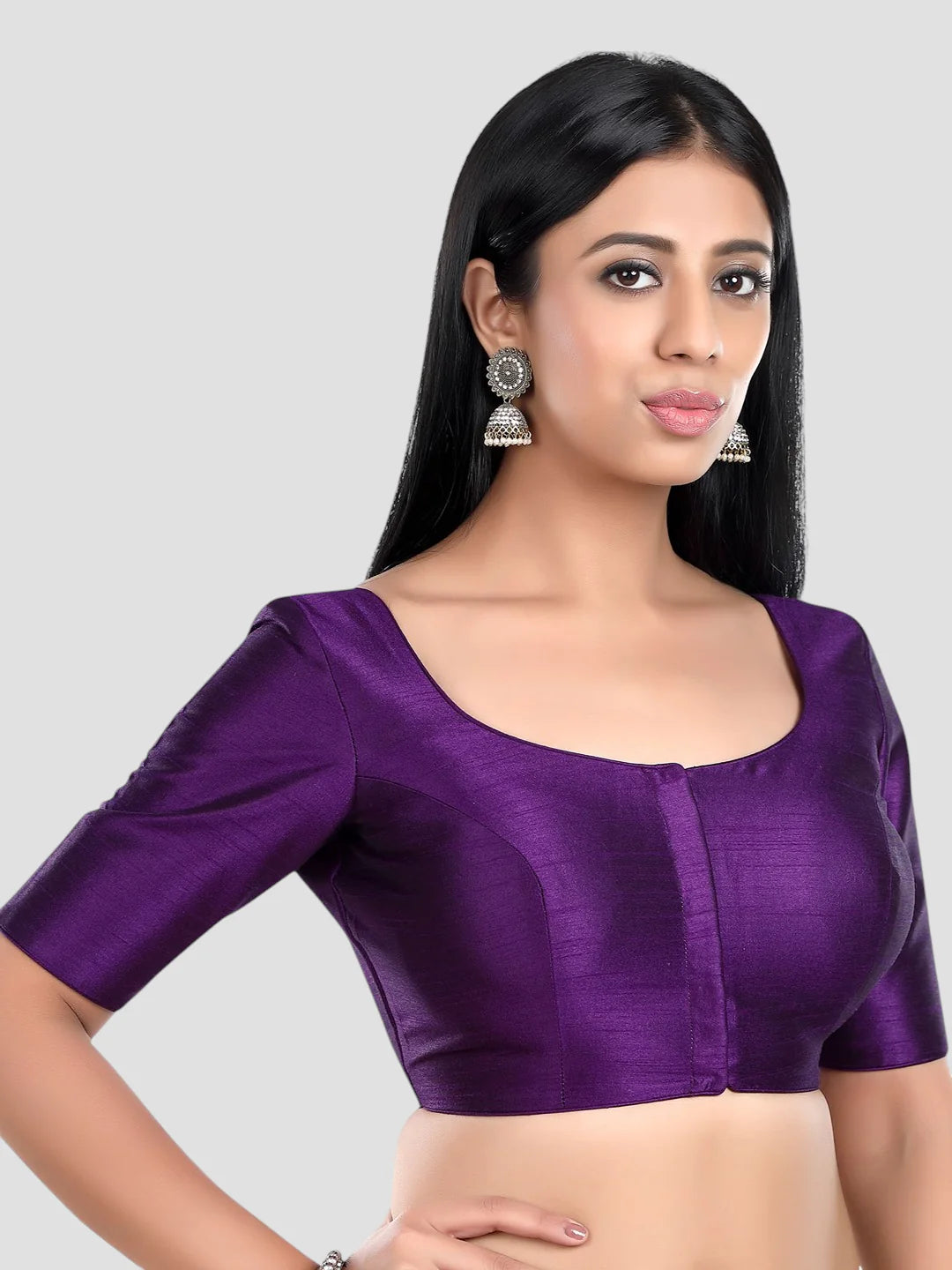 Purple Silk Round Neck Half Sleeves Readymade Blouse