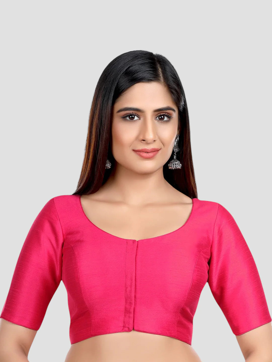 Rani Pink Silk Round Neck Half Sleeves Readymade Blouse