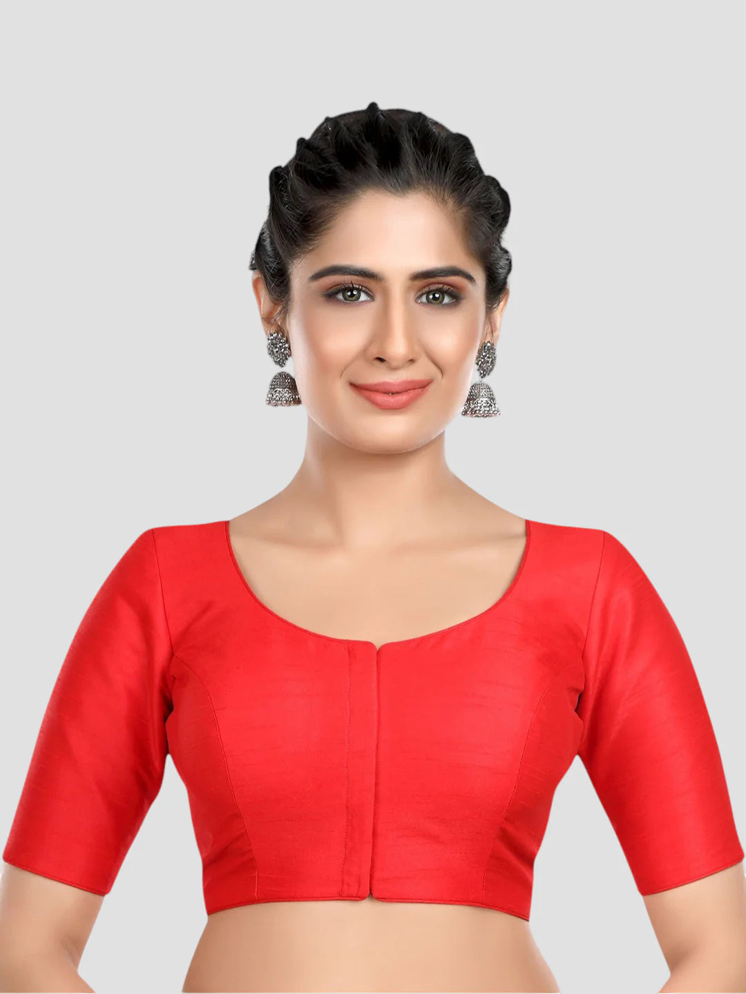 Red Silk Round Neck Half Sleeves Readymade Blouse