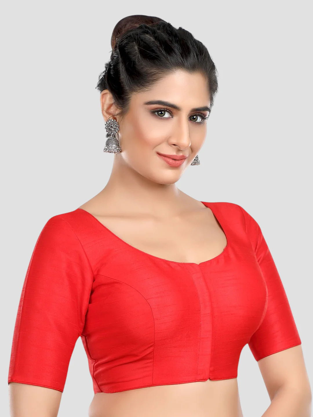 Red Silk Round Neck Half Sleeves Readymade Blouse
