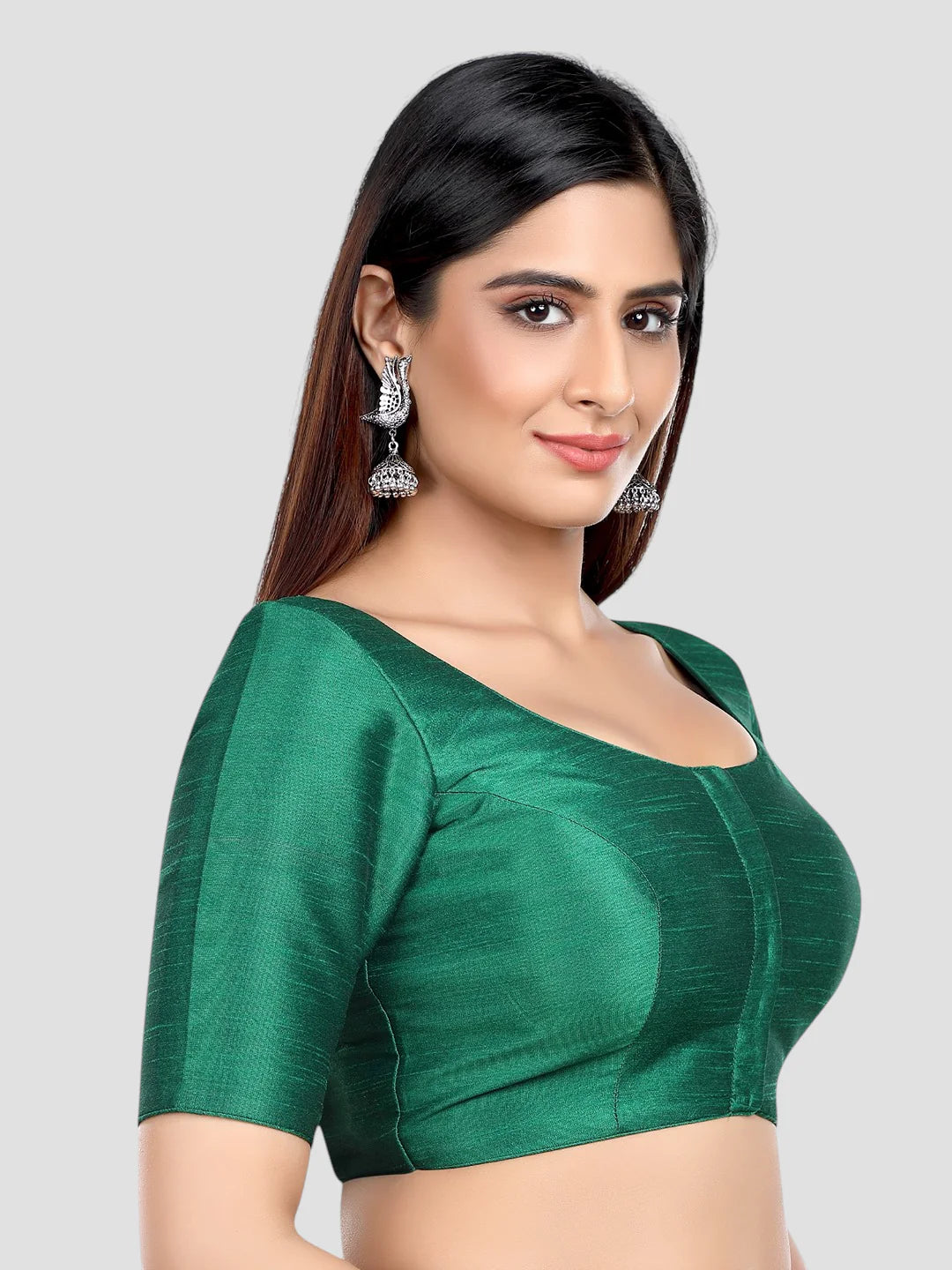 Rama Green Silk Round Neck Half Sleeves Readymade Blouse