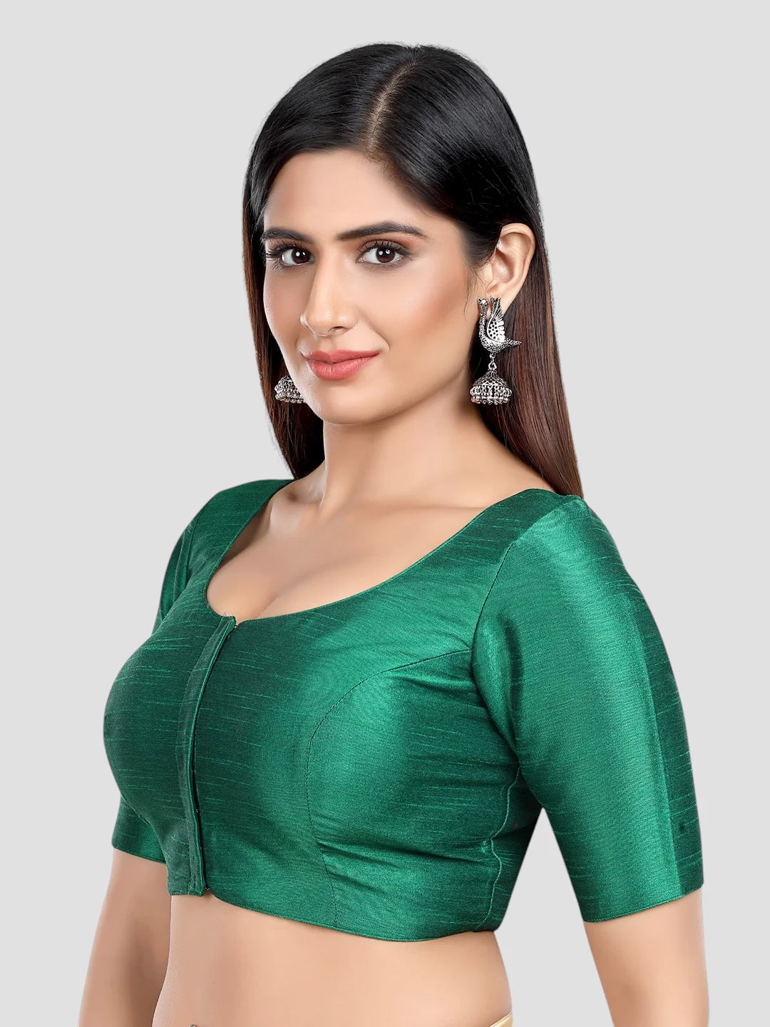 Rama Green Silk Round Neck Half Sleeves Readymade Blouse