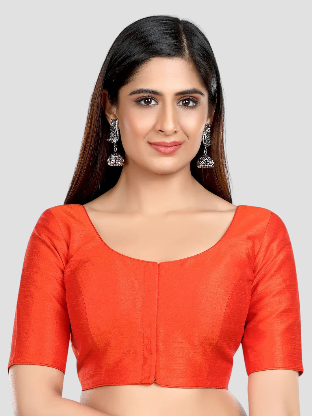 Rust Silk Round Neck Half Sleeves Readymade Blouse