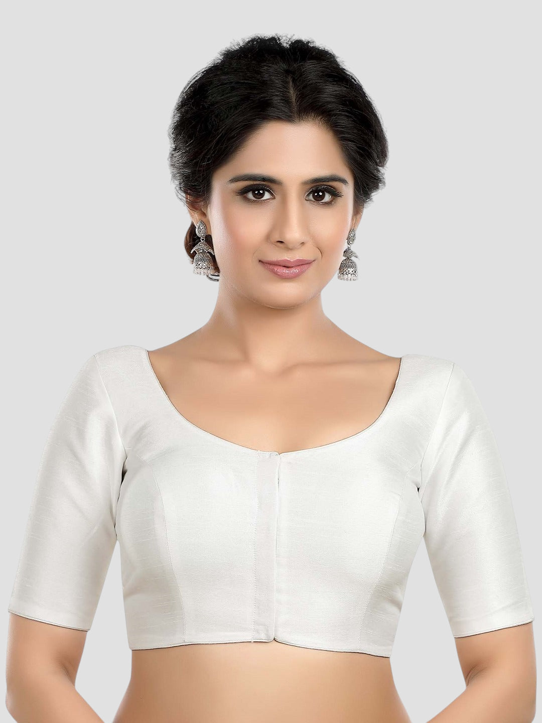 White Silk Round Neck Half Sleeves Readymade Blouse