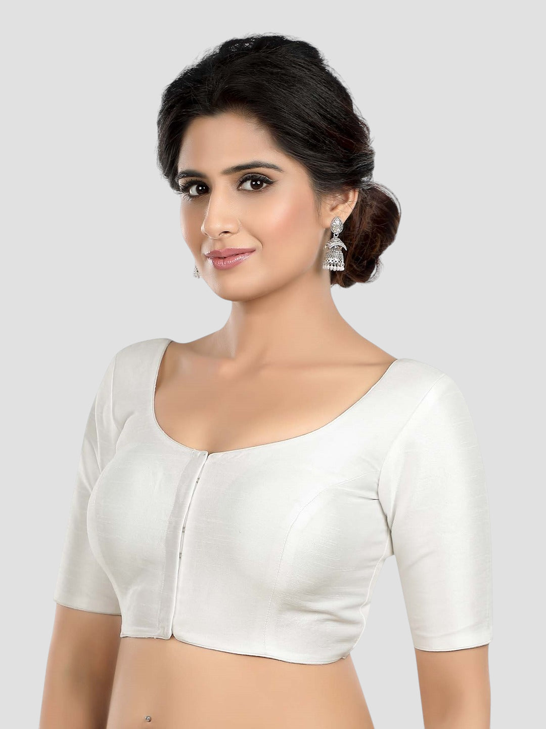 White Silk Round Neck Half Sleeves Readymade Blouse