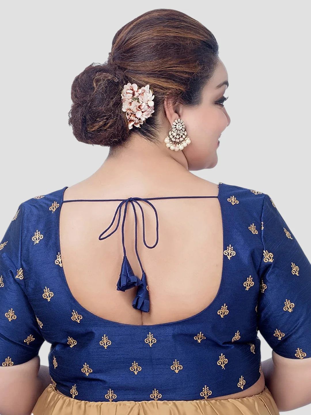 Navy Blue Silk Round Neck Half Sleeves Readymade Blouse