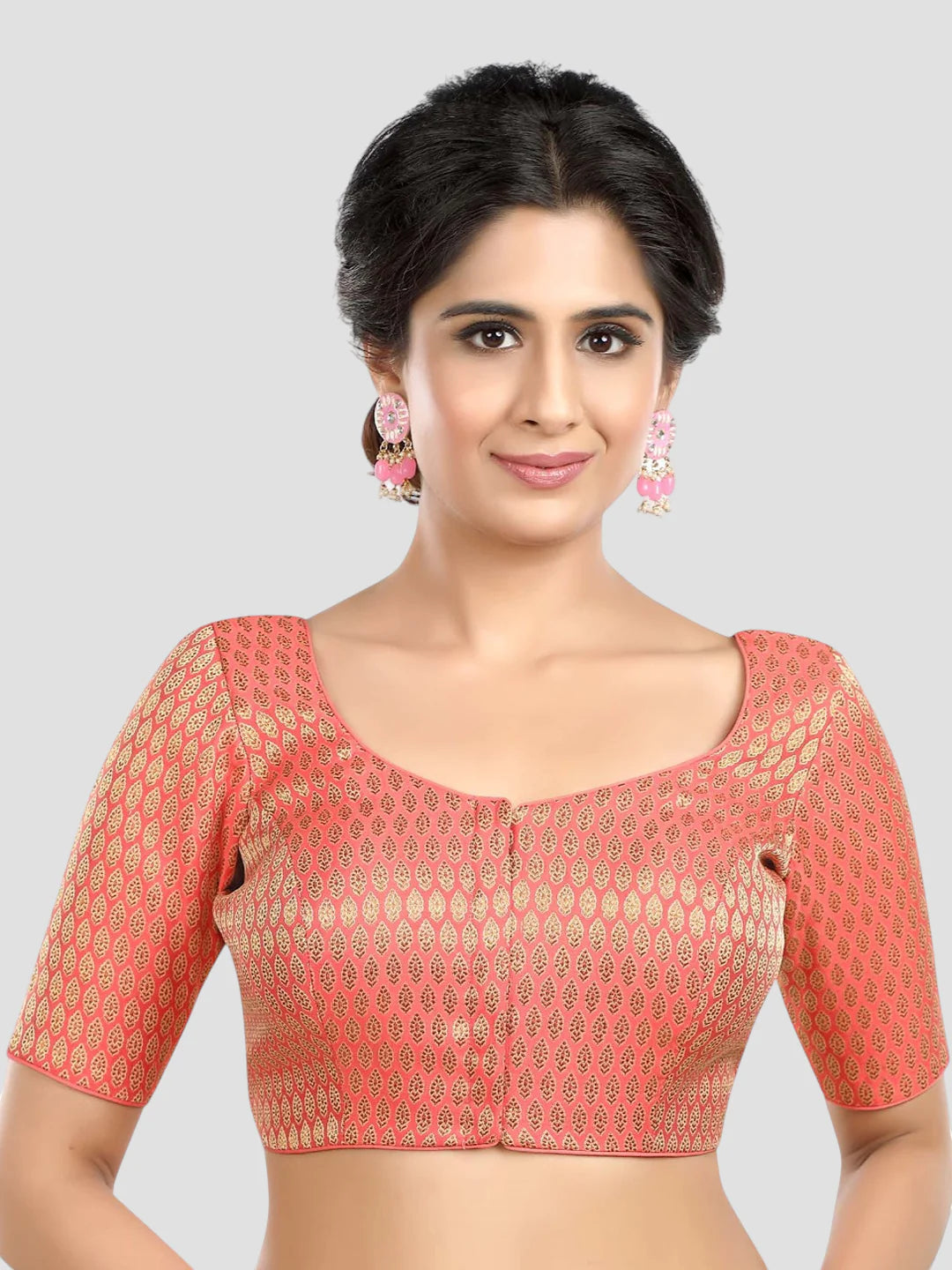 Pink Brocade Round Neck Half Sleeves Readymade Blouse