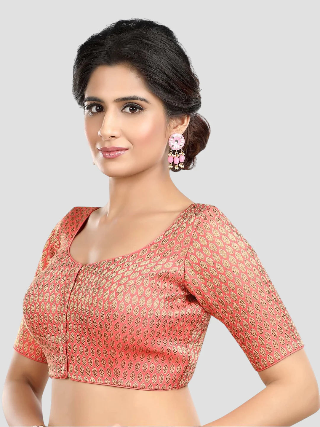 Pink Brocade Round Neck Half Sleeves Readymade Blouse