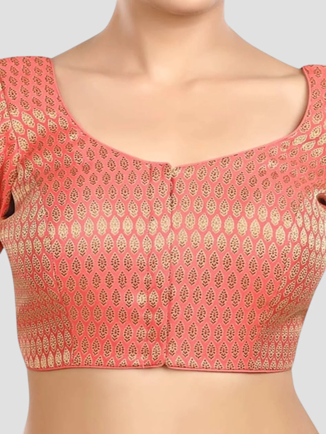 Pink Brocade Round Neck Half Sleeves Readymade Blouse
