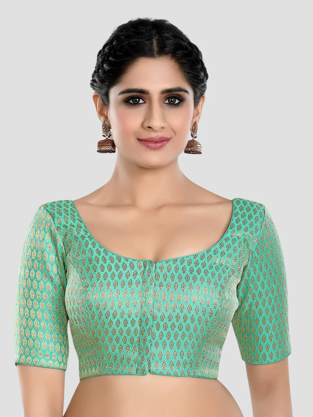 Pista Green Brocade Round Neck Half Sleeves Readymade Blouse