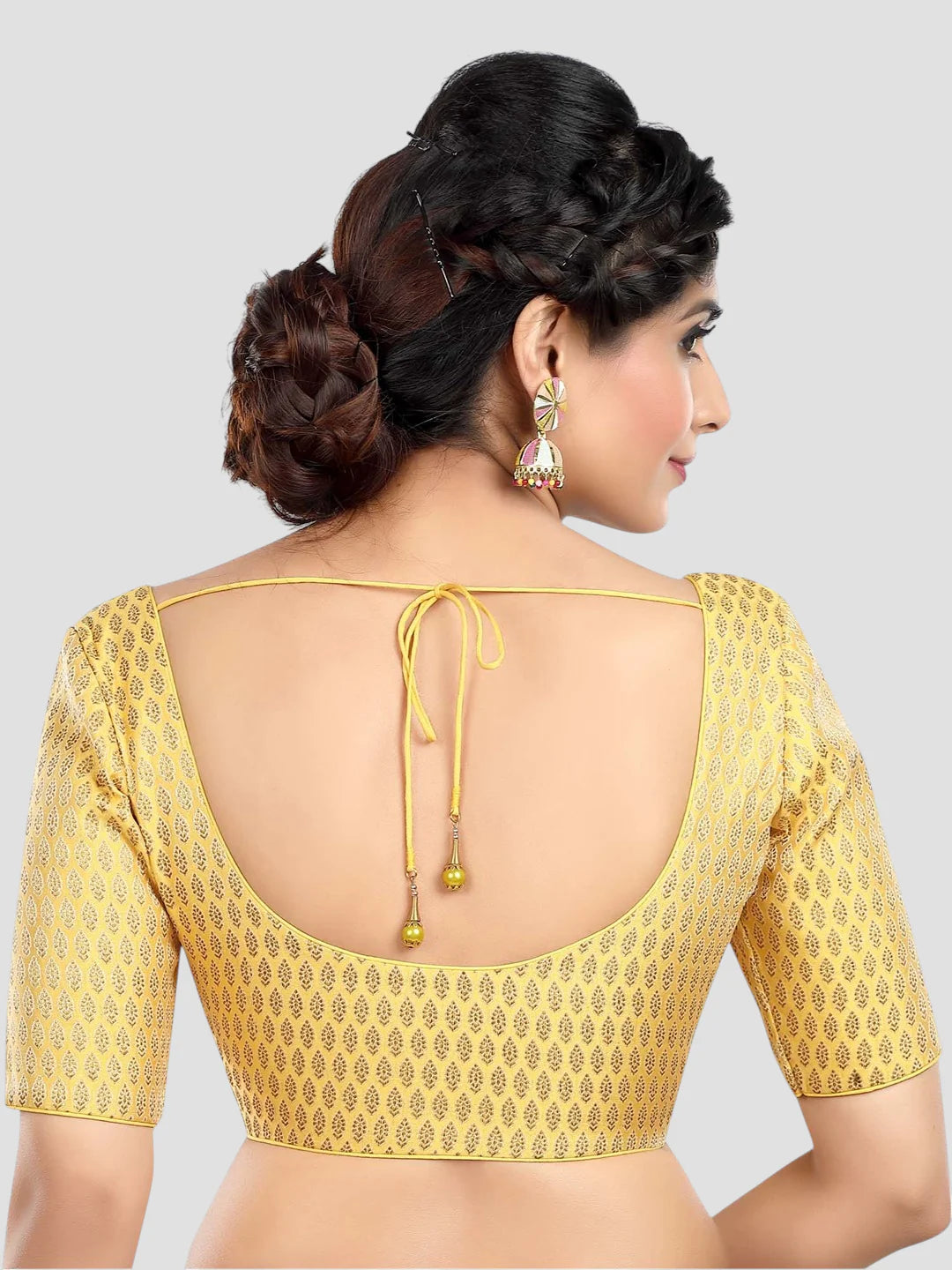 Yellow Brocade Round Neck Half Sleeves Readymade Blouse