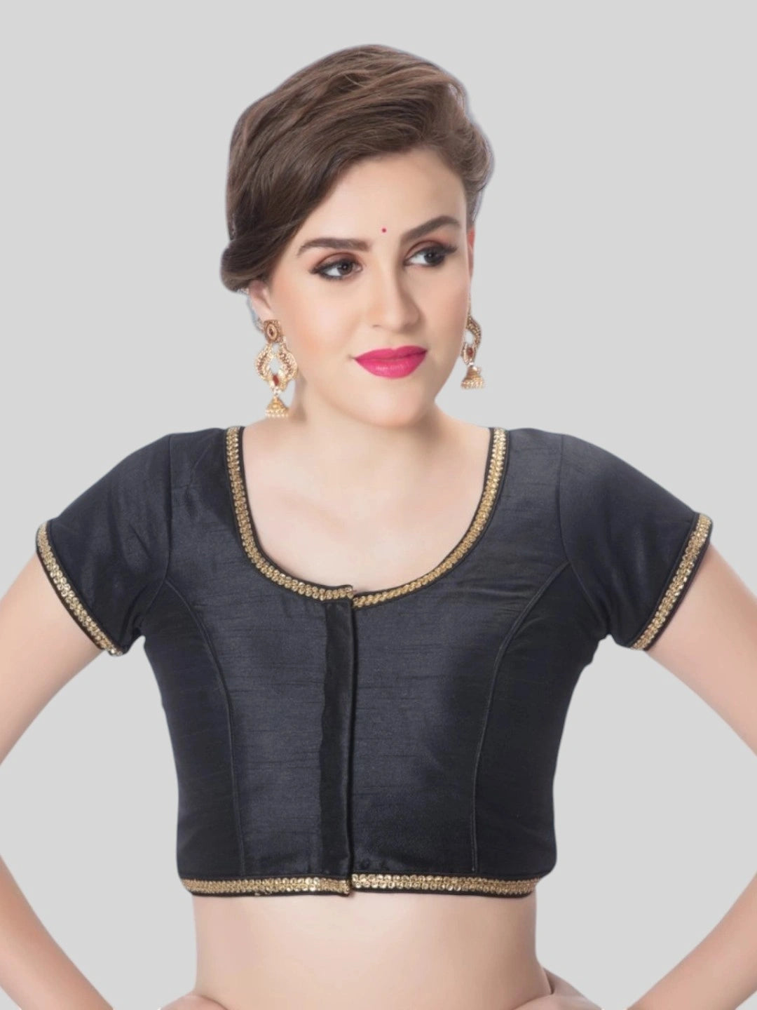 Black Silk Round Neck Short Sleeves Readymade Blouse