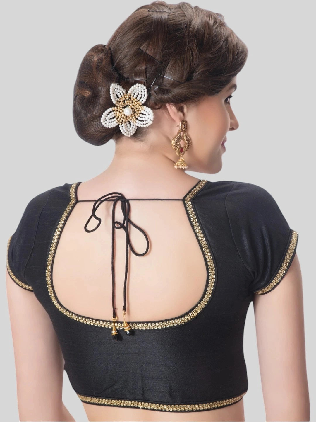Black Silk Round Neck Short Sleeves Readymade Blouse