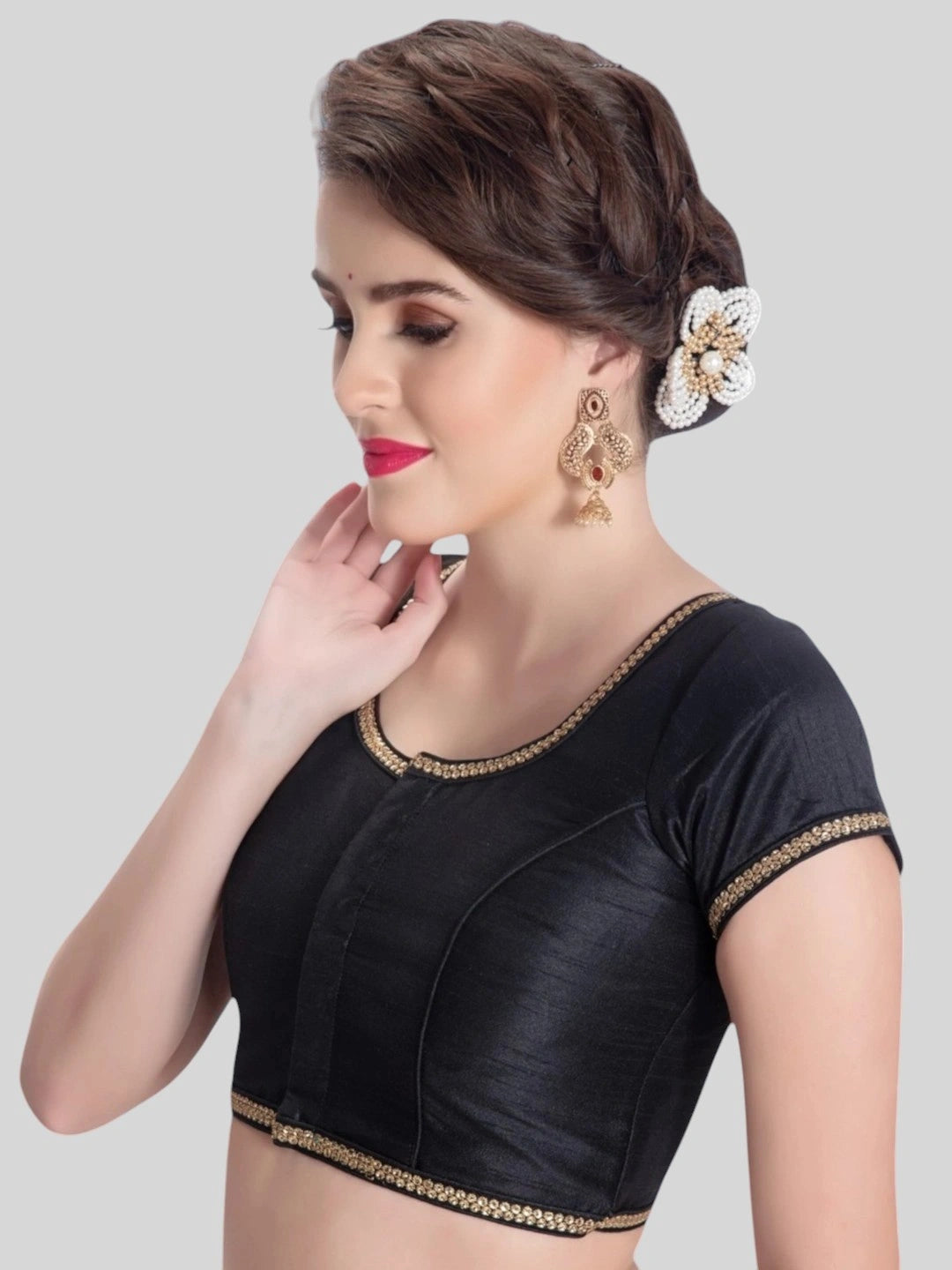 Black Silk Round Neck Short Sleeves Readymade Blouse