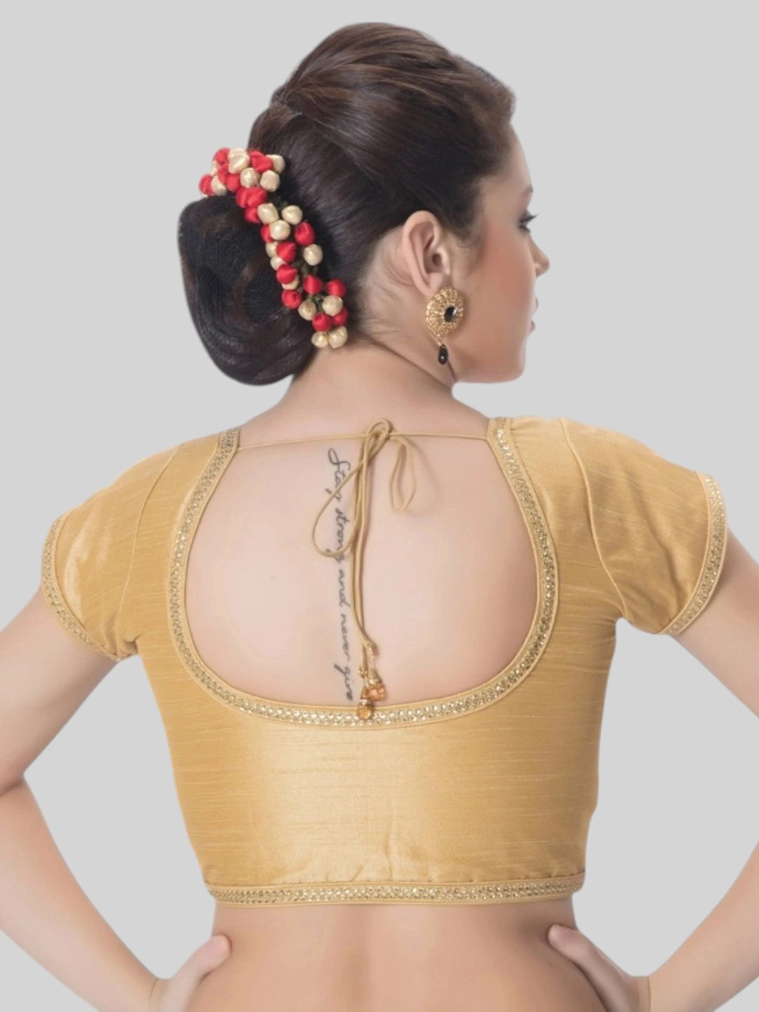 Gold Silk Round Neck Short Sleeves Readymade Blouse