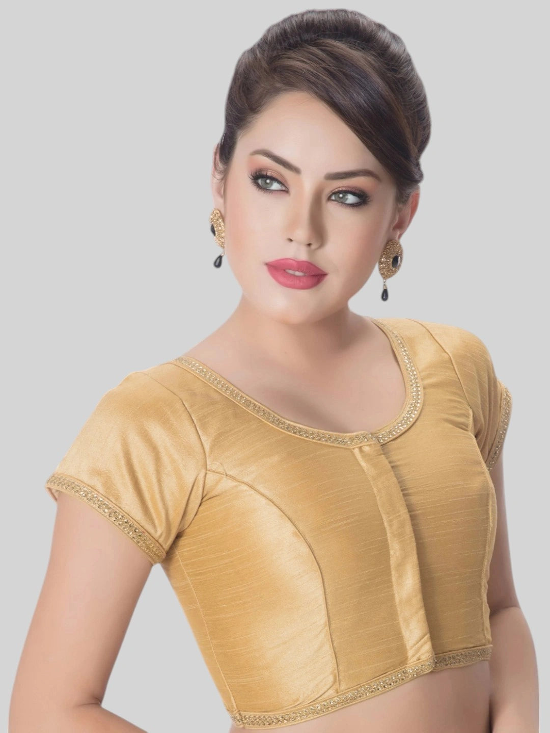 Gold Silk Round Neck Short Sleeves Readymade Blouse