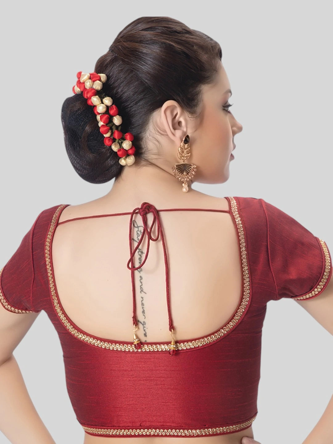 Maroon Silk Round Neck Short Sleeves Readymade Blouse