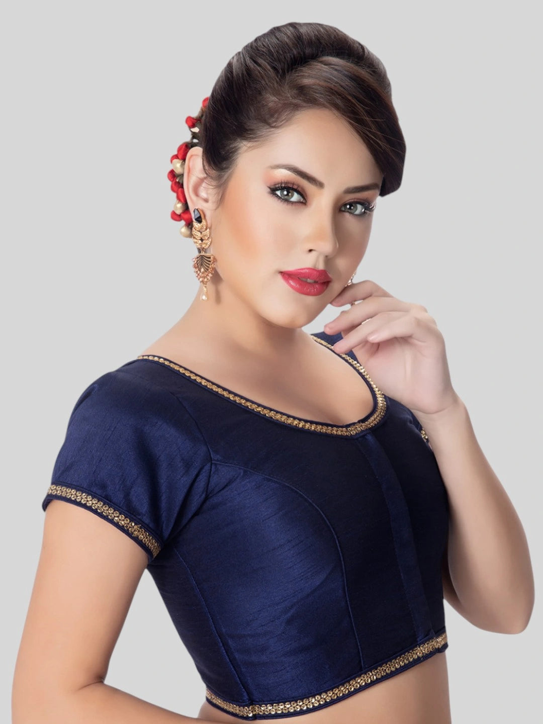 Black Silk Round Neck Short Sleeves Readymade Blouse