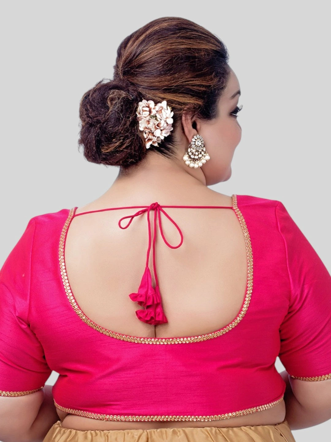 Rani Pink Silk Round Neck Short Sleeves Readymade Blouse