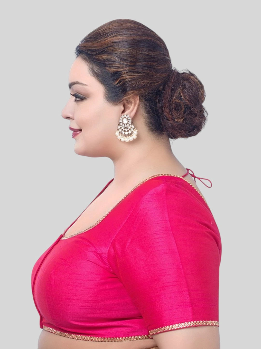 Rani Pink Silk Round Neck Short Sleeves Readymade Blouse